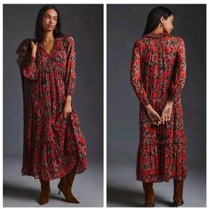 Anthropologie Boho Long Sleeve Floral Chiffon Maxi Dress